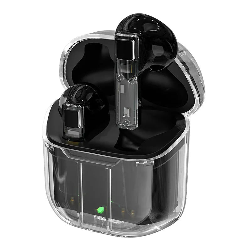 Wireless TWS headphones in multiple colours with transparent charging case.