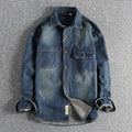 Men's light blue vintage washed denim shirt with loose fit and cardigan style