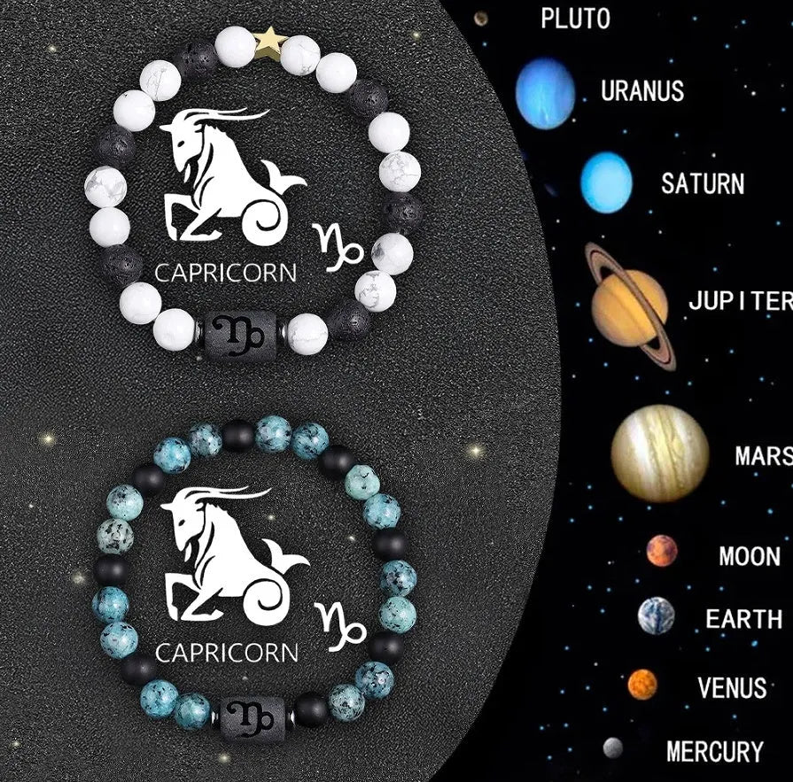 Set of twelve natural stone beaded bracelets, each with a zodiac sign charm, on a white background.