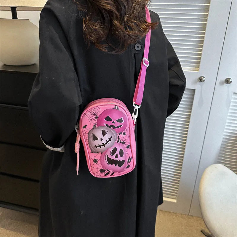 Black Halloween graffiti mini crossbody bag with cartoon pumpkin ghost bat print