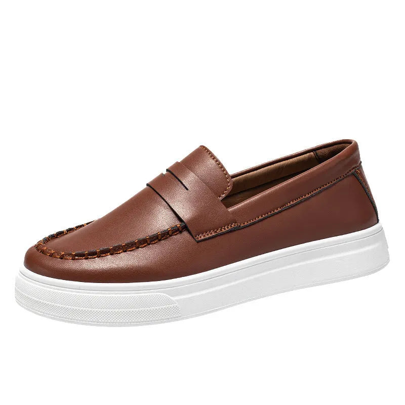 Men's British style casual leather shoes with round toe and slip-on design in artificial PU material