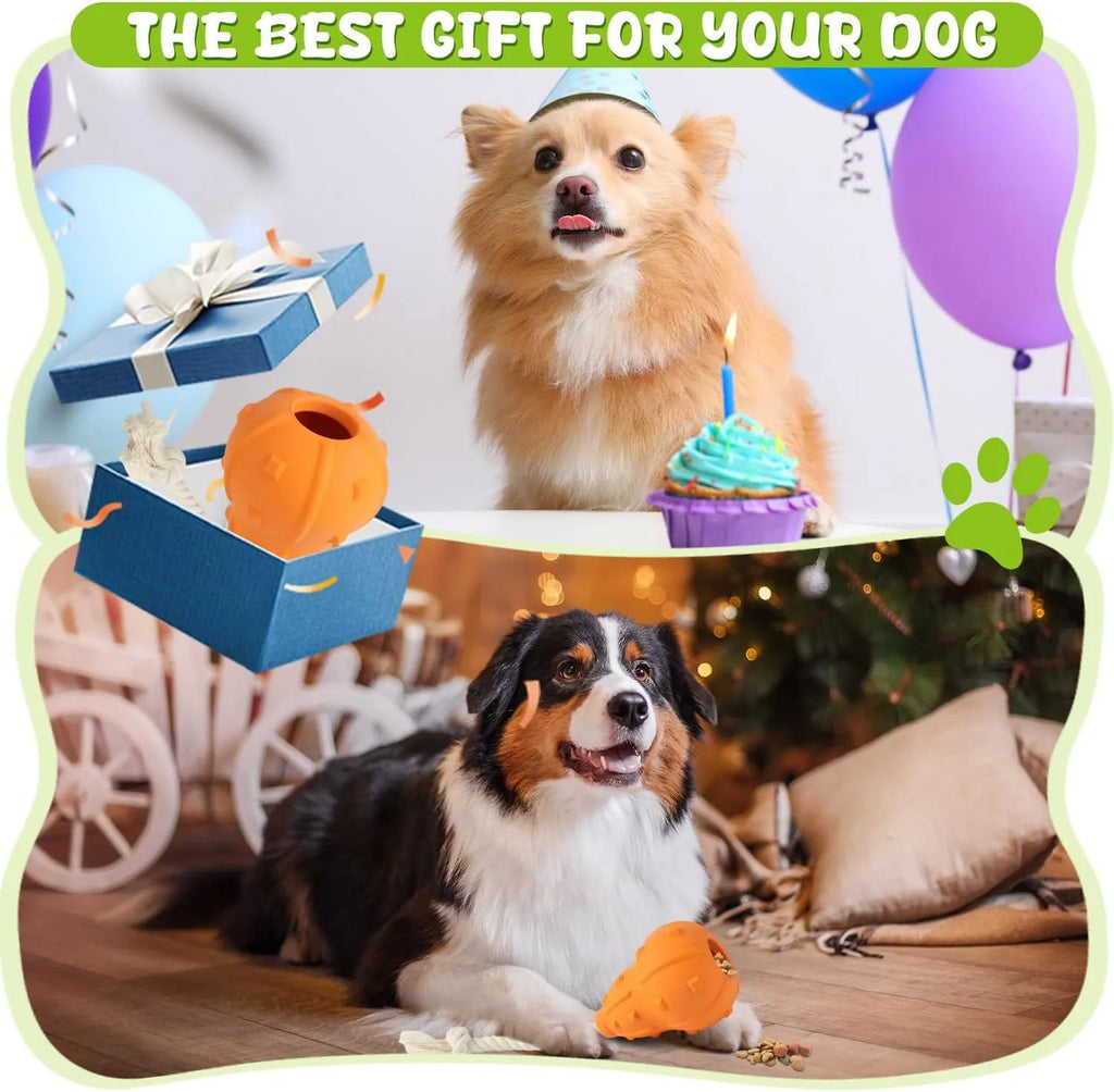 Natural rubber stuffable dog chew toy with longer strap for interactive fetch and treat dispensing