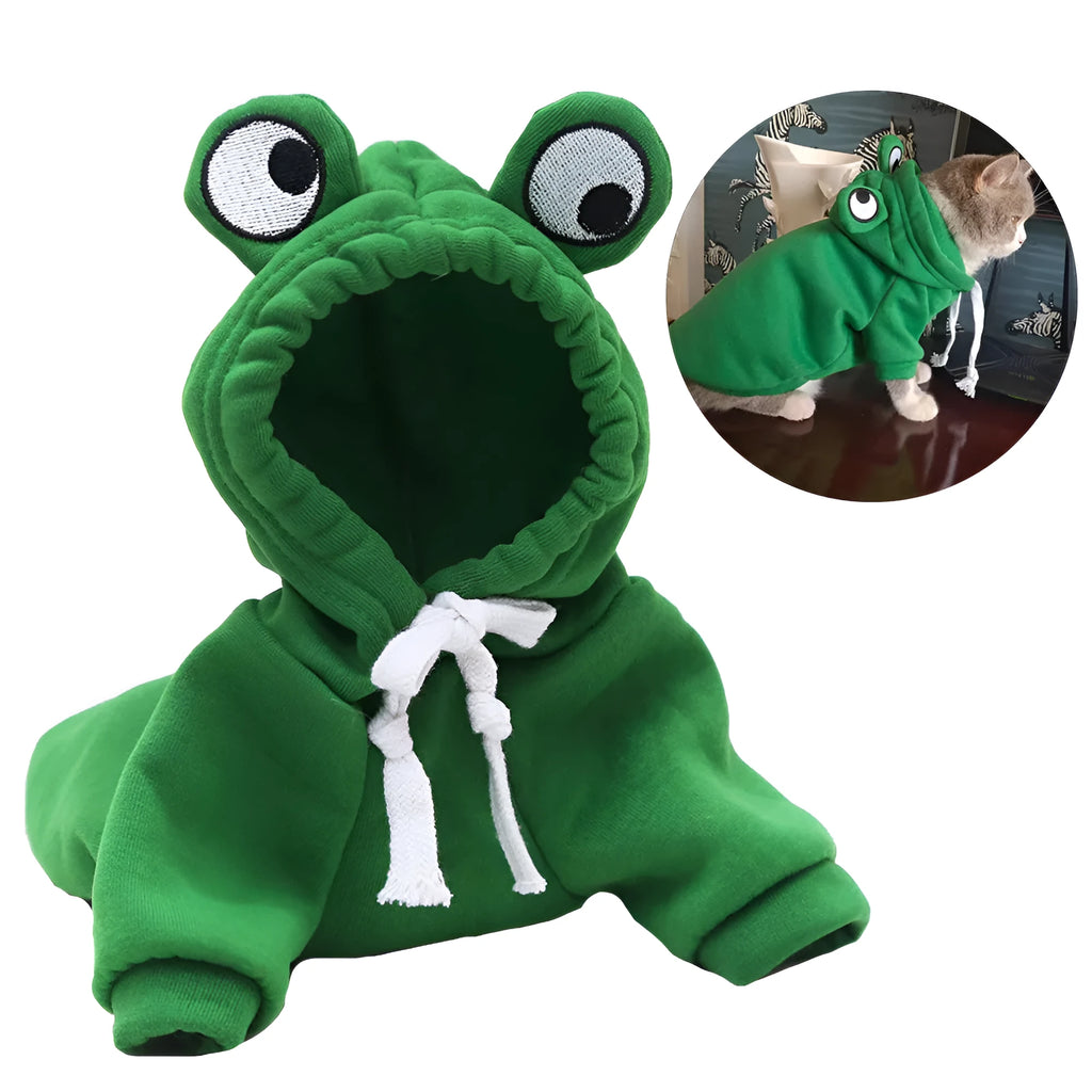 Green frog costume hoodie on a small dog, showing soft fabric and hoodie design for Halloween or autumn.