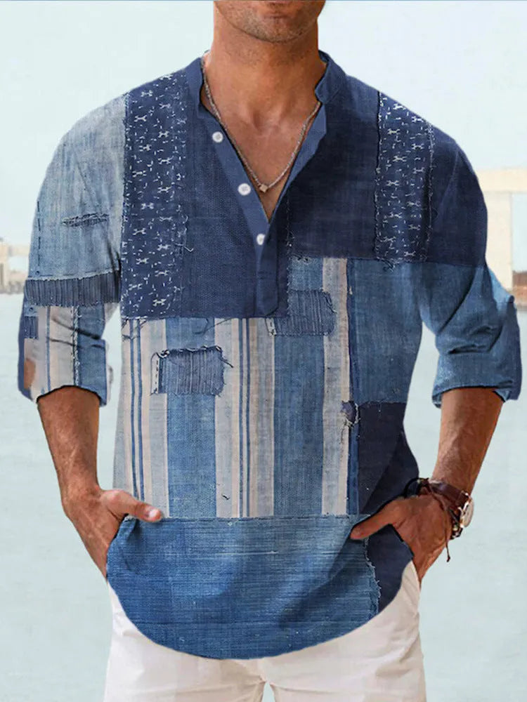 Thin striped Hawaiian long sleeve shirt in polyester fabric on a hanger