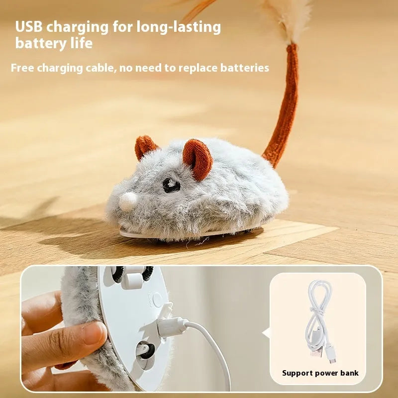 Interactive cat toy with electric moving plush mouse on pole