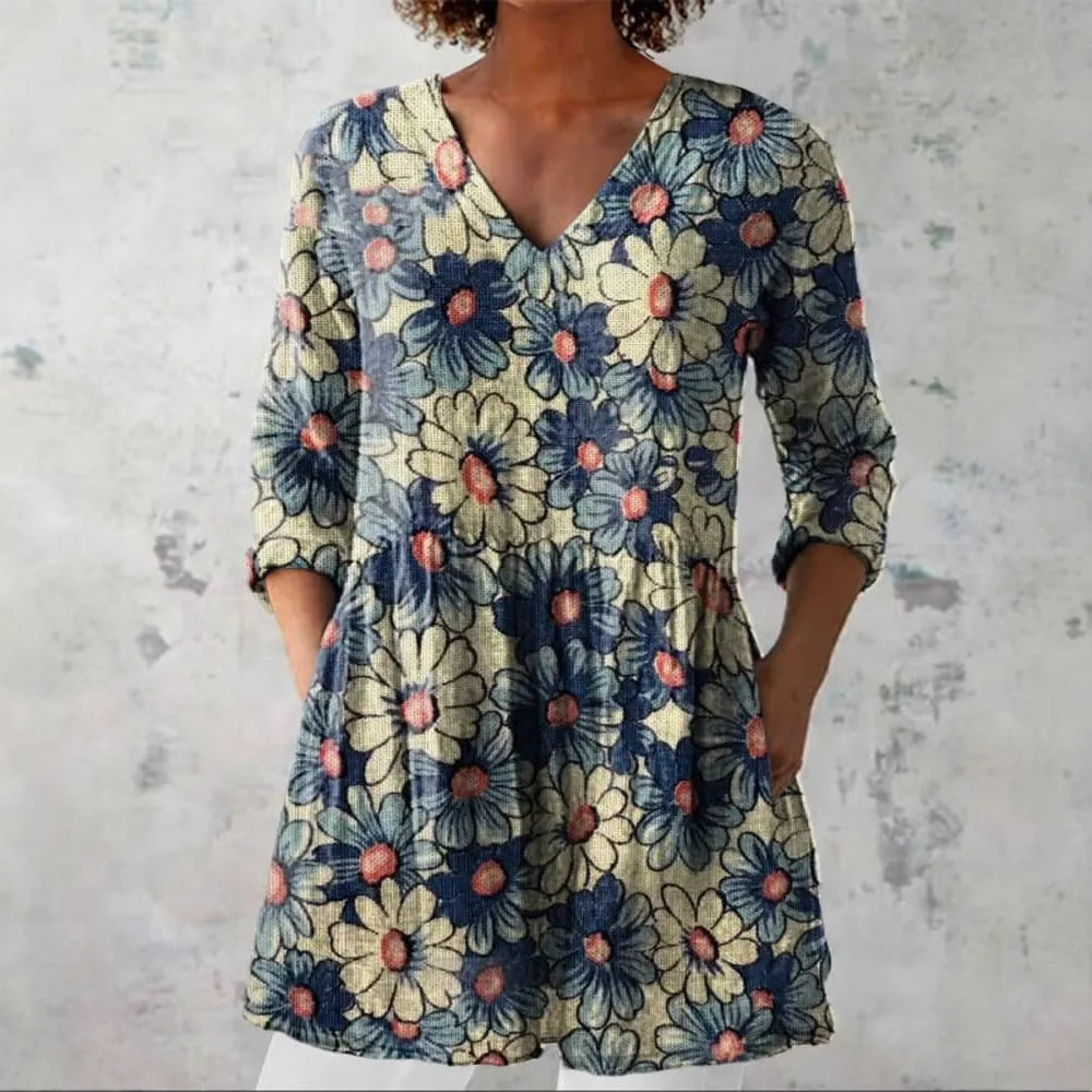 Women's retro slim fit printed long-sleeved polyester top on a hanger, showing digital print design.