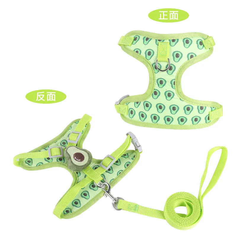 Reflective vest-style harness and lead for a small dog in avocado green colour.