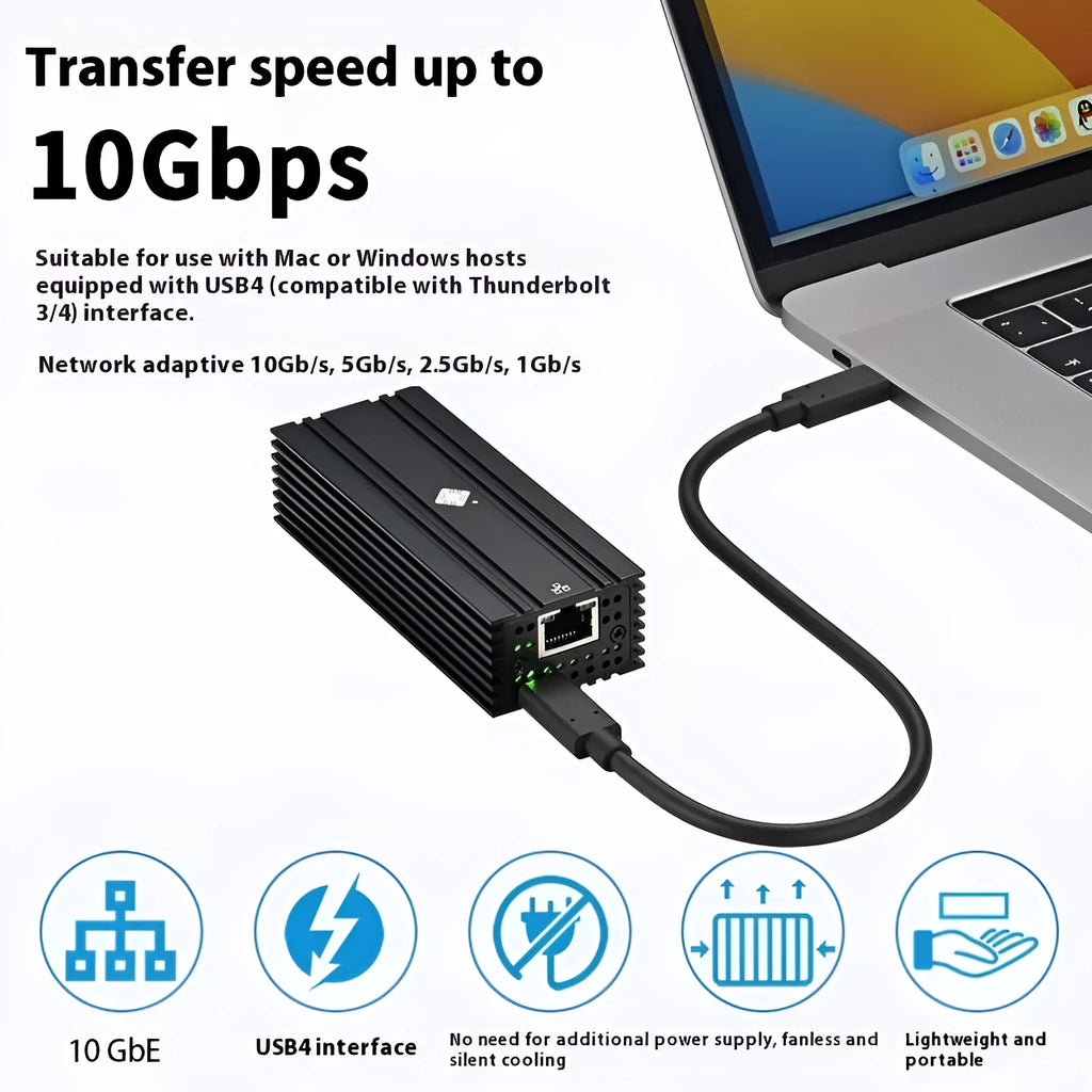 Black Leyu USB4 to RJ45 10 gigabit network adapter with 20cm cable on a desk