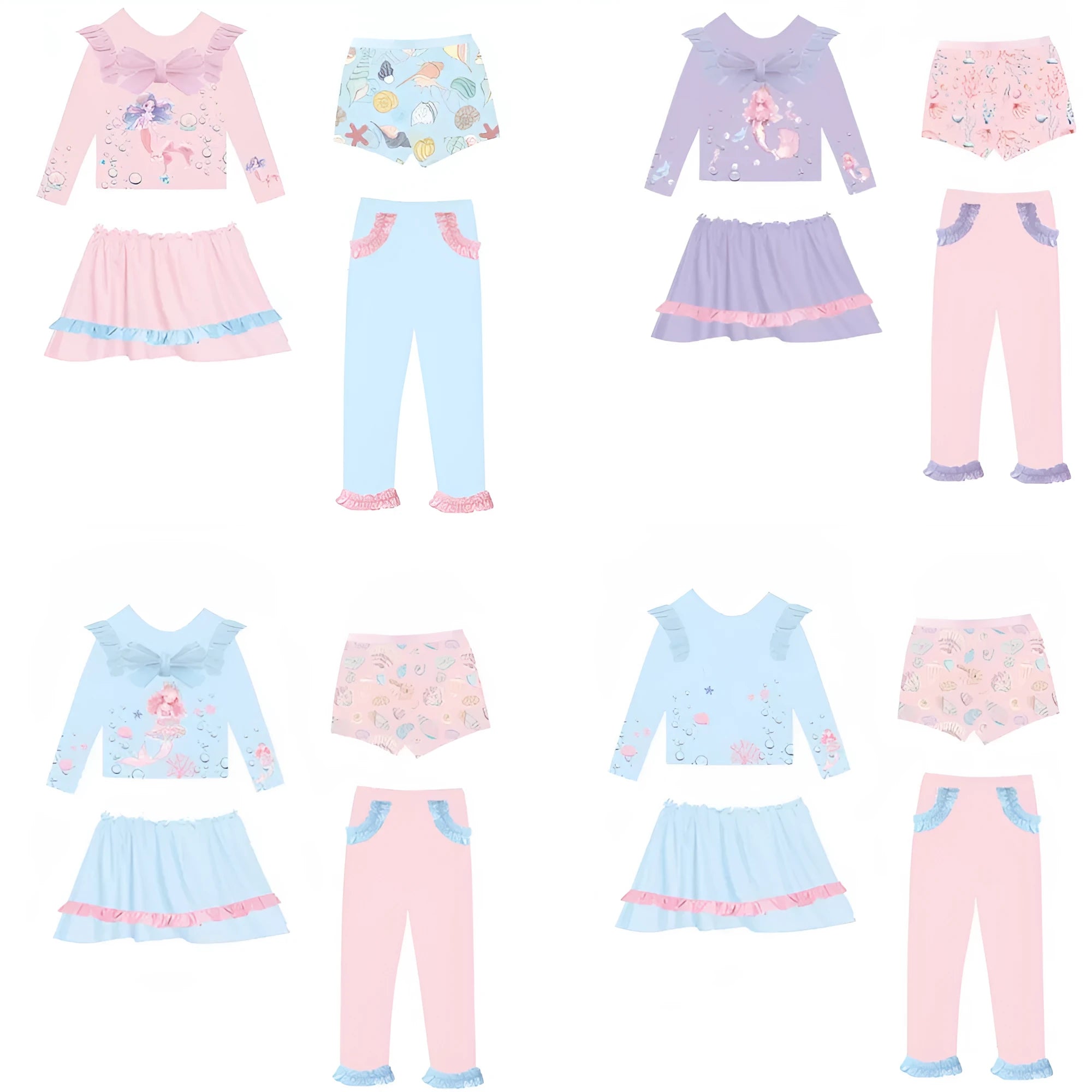 Girl's four-piece gilded mermaid swimsuit set in Baby's Ocean colour.