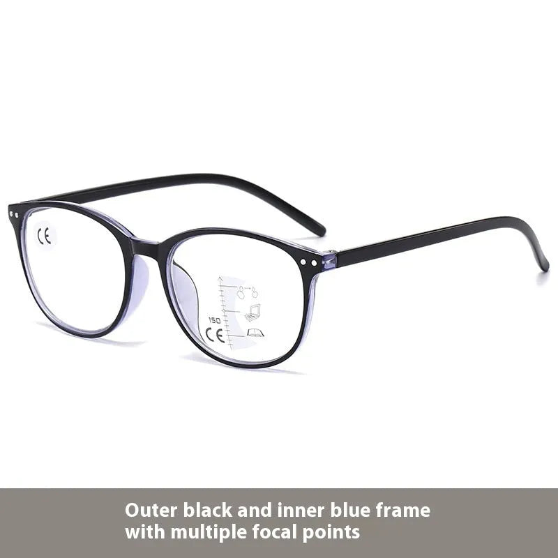 Women's ultra-light presbyopic glasses with multi-focus lenses in various frame colour options