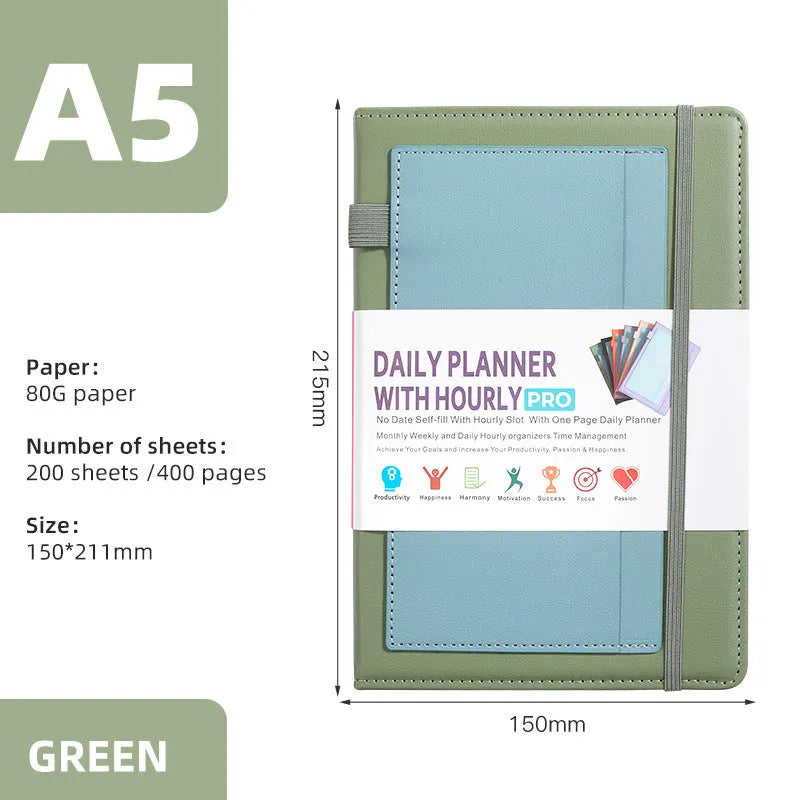 A5 notebook with purple PU cover closed by a black elastic strap