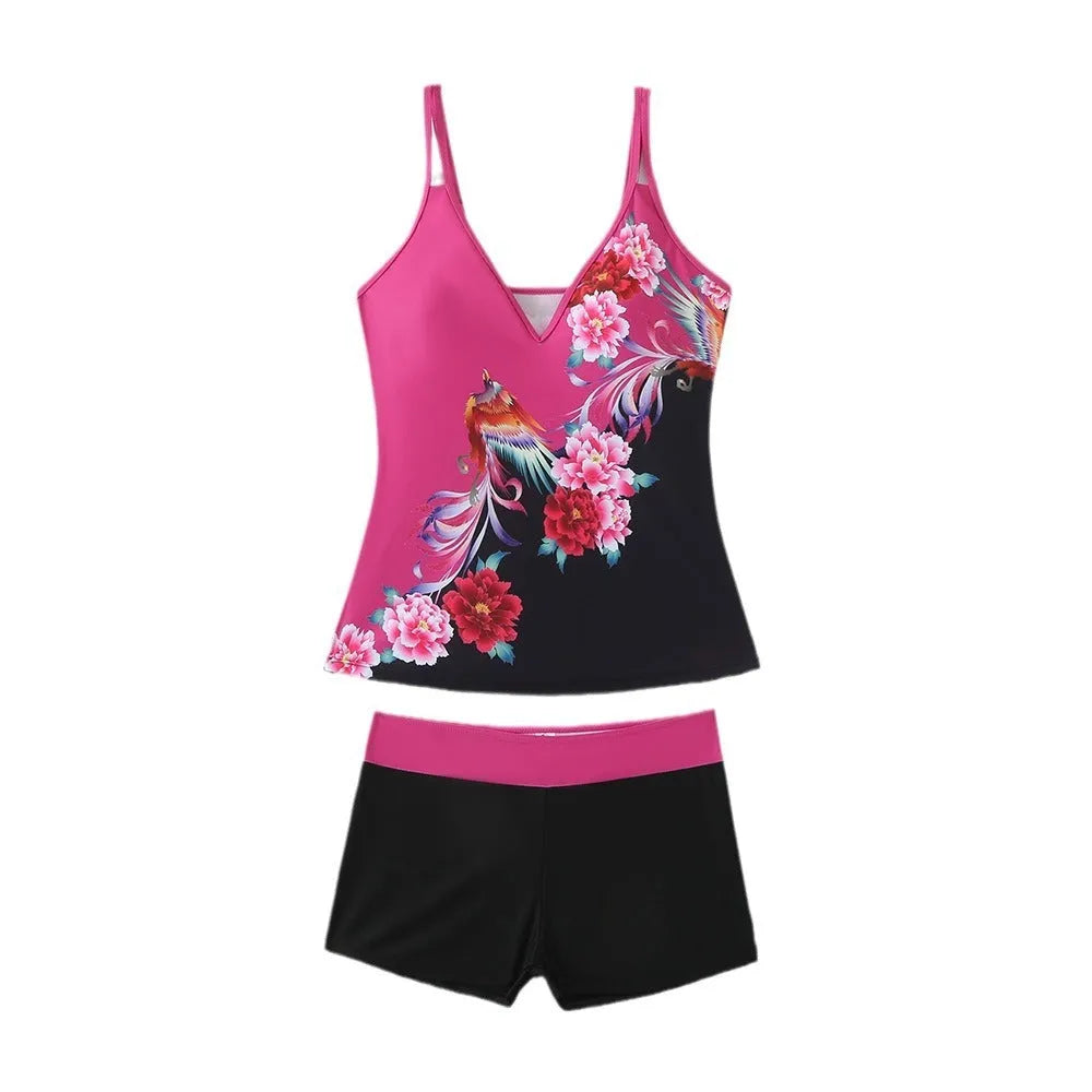 Plus size women's printed swimsuit briefs in black or rose red with matching trunks.