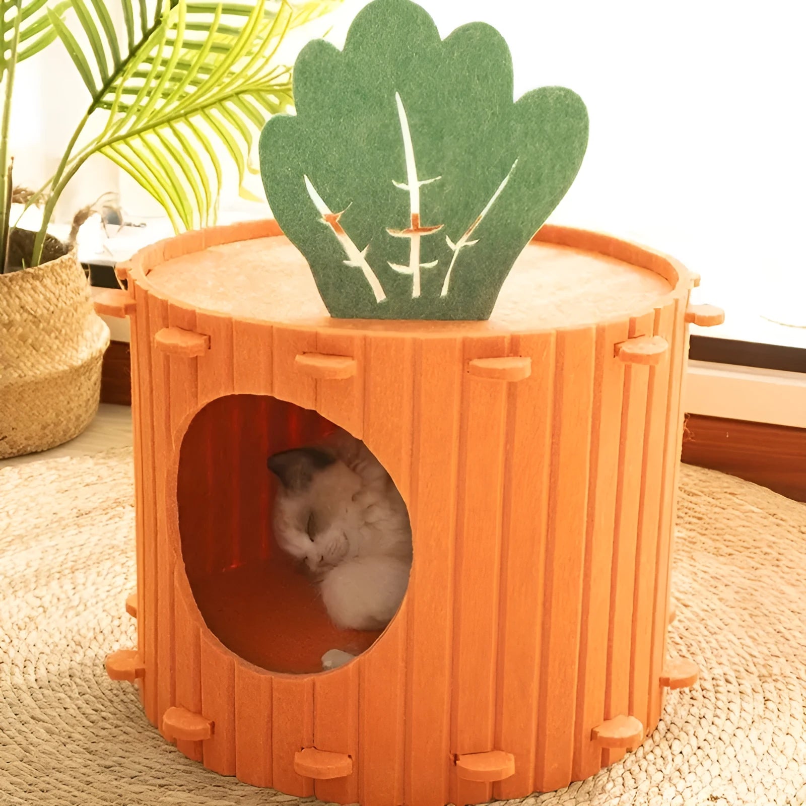 Beige felt cat tunnel nest with a semi-enclosed design and round entry hole, shown next to a measuring tape indicating its size.