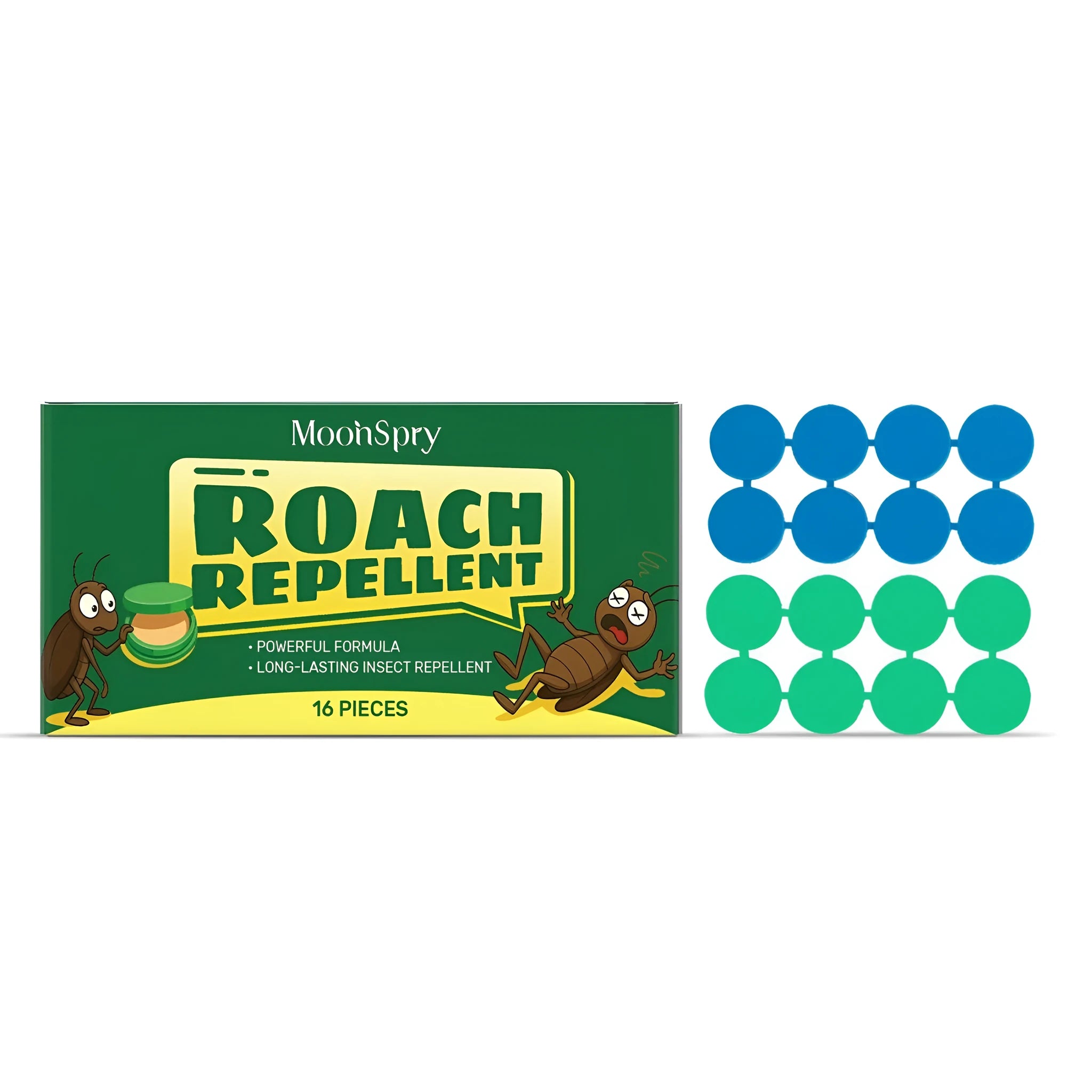 Pack of sixteen cockroach bait paste gel stations with adhesive backings for indoor pest control.
