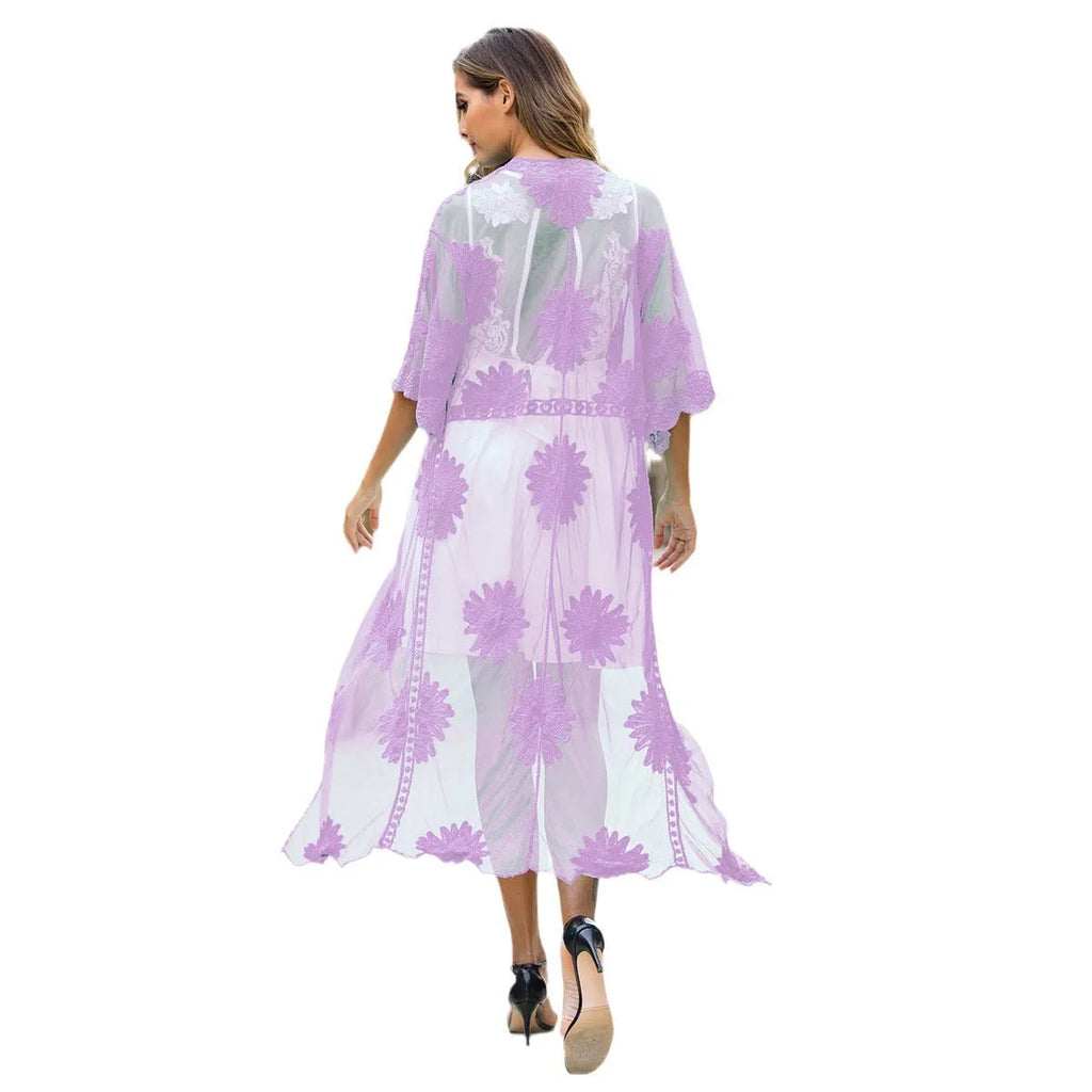 Light purple beach dress with lace embroidery details and cotton blend lining for swimming and beachwear