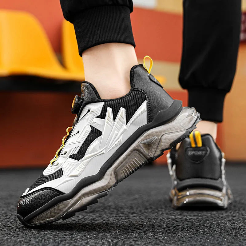 Men's black rotating button dad shoes with mesh upper and platform sole.