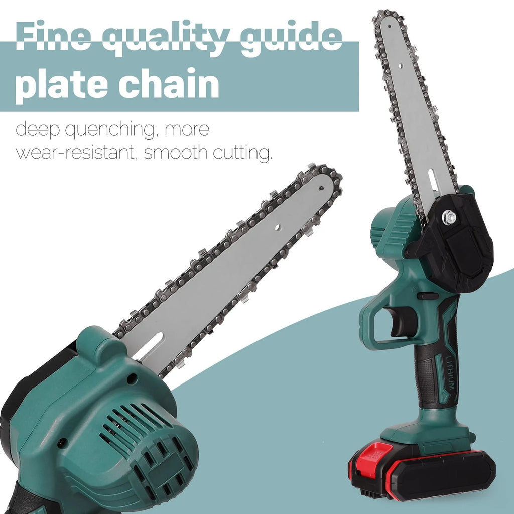 Black mini electric chainsaw with 4-inch chain, lightweight one-hand design on workbench