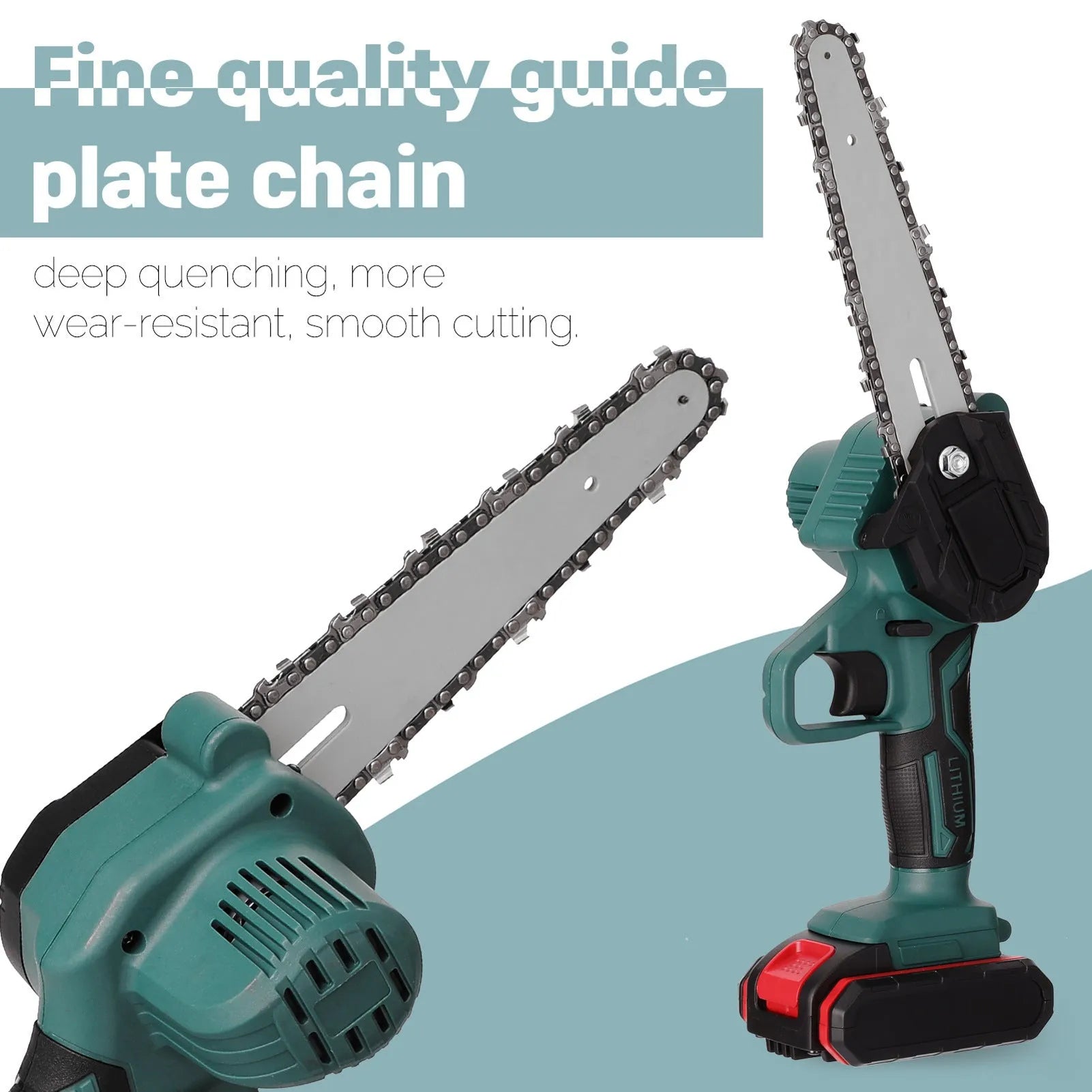 Black mini electric chainsaw with 4-inch chain, lightweight one-hand design on workbench