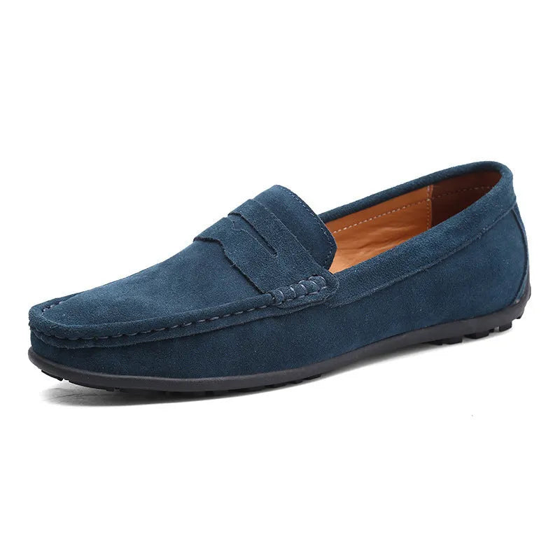 Men's brown suede leather casual shoes with round toe and flat rubber sole on a white background