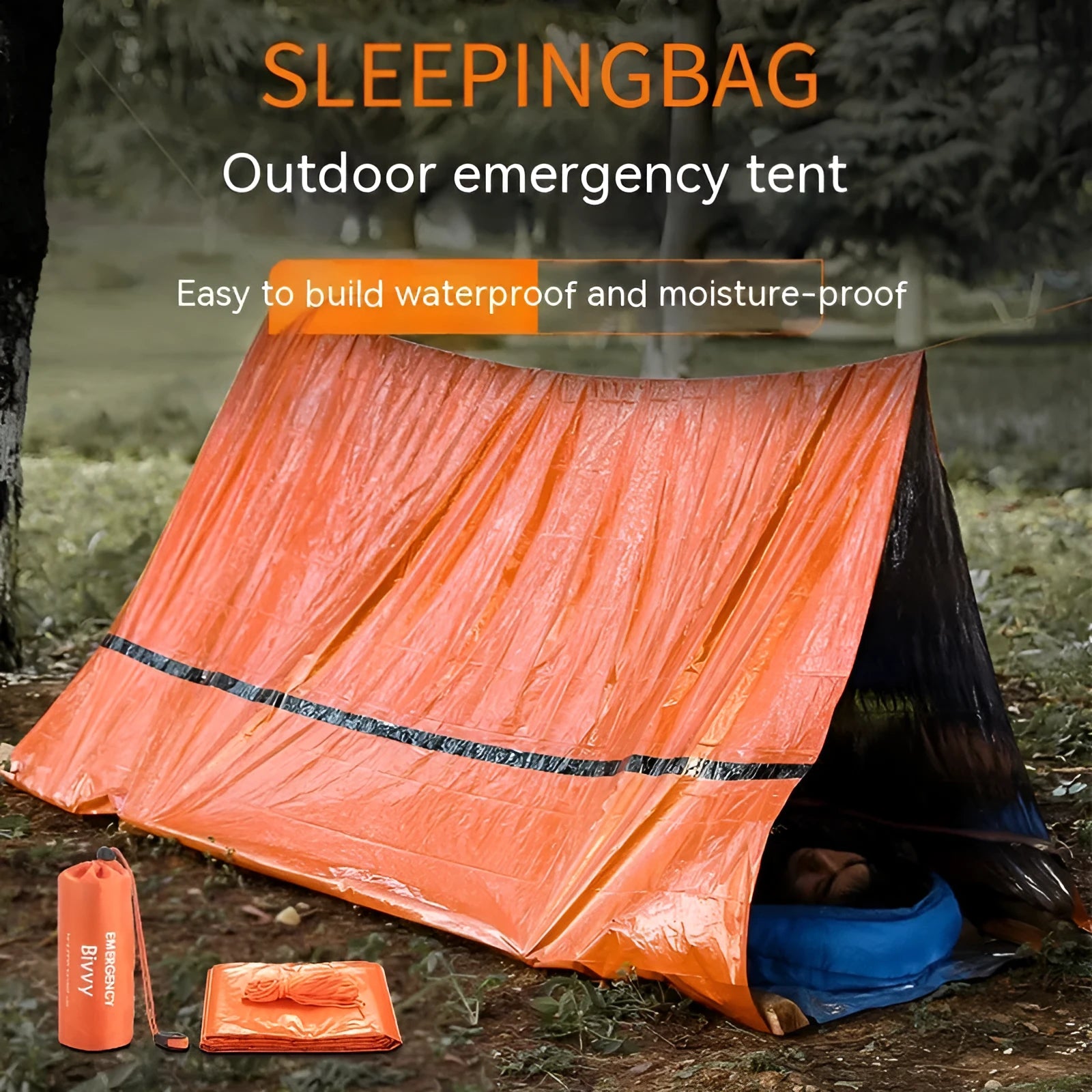 Portable orange emergency tent with sleeping bag and whistle for disaster relief camping