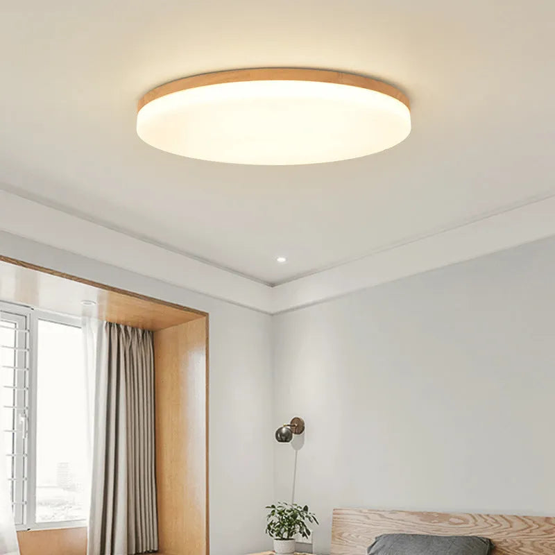 Japanese minimalist wood and acrylic LED ceiling lamp showing three size options
