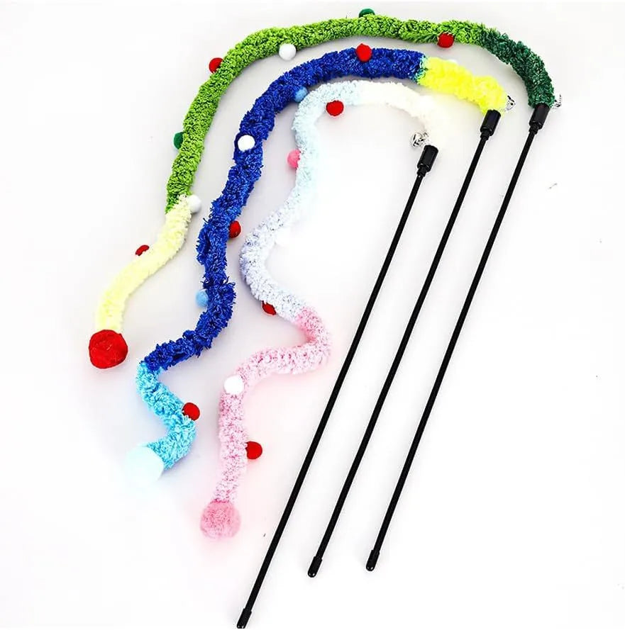 Blue interactive cat wand toy with plush strip, fluffy ball, and bell on a 41cm pole.