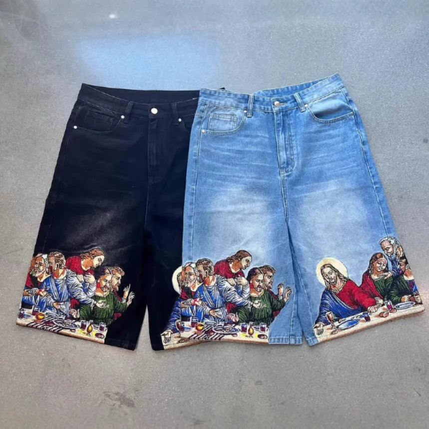 Men's blue cotton tapered shorts with Jesus printed back pocket detail