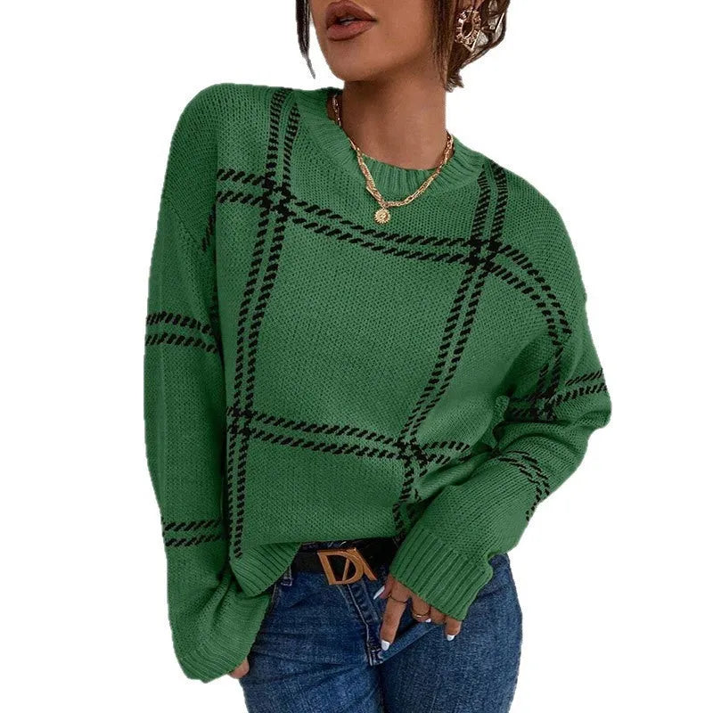 Women's loose fit acrylic sweater with plaid colour-block pattern in apricot black beige stripes red green colours