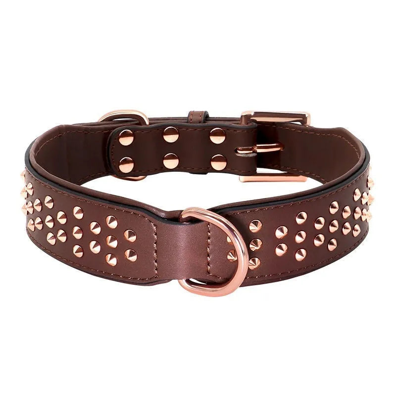 Chocolate coloured leather dog collar with metal rivets for anti-bite protection on a dog's neck.
