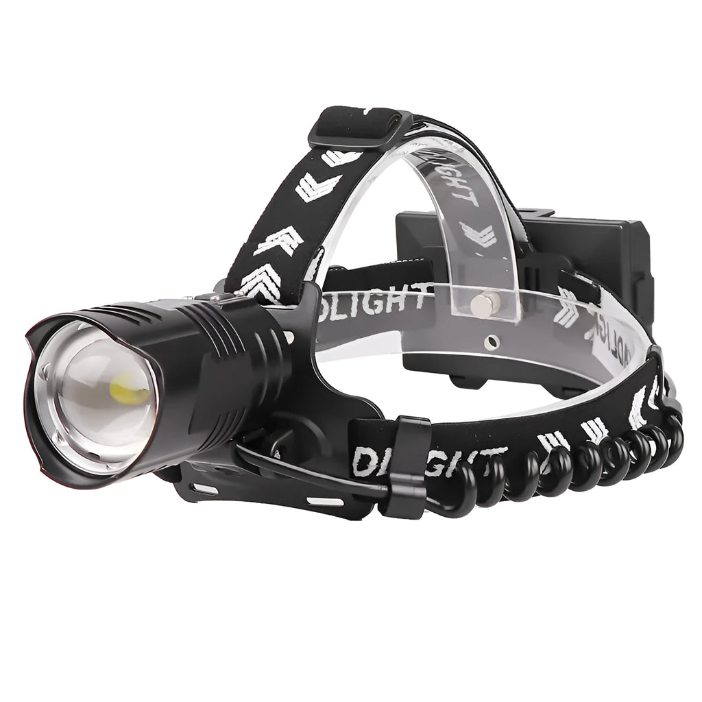 Black USB rechargeable headlight with telescopic zoom lens and aluminium alloy construction