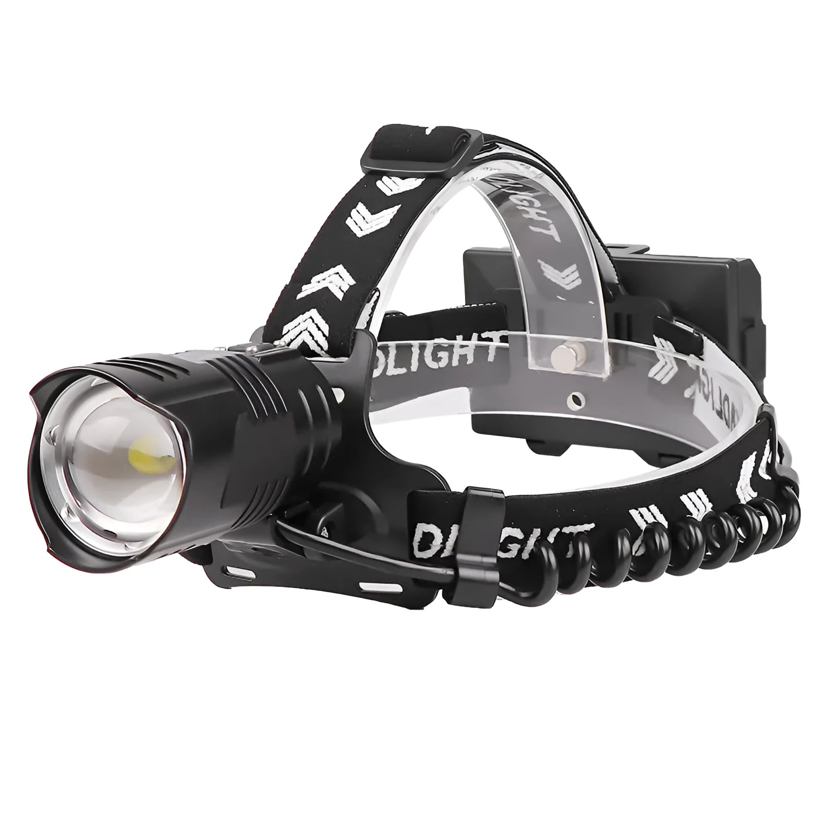Black USB rechargeable headlight with telescopic zoom lens and aluminium alloy construction