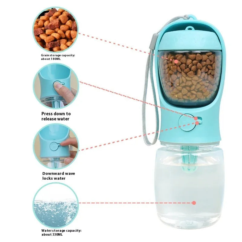 Blue portable plastic dog water bottle with flip-out drinking bowl for walks and travel.