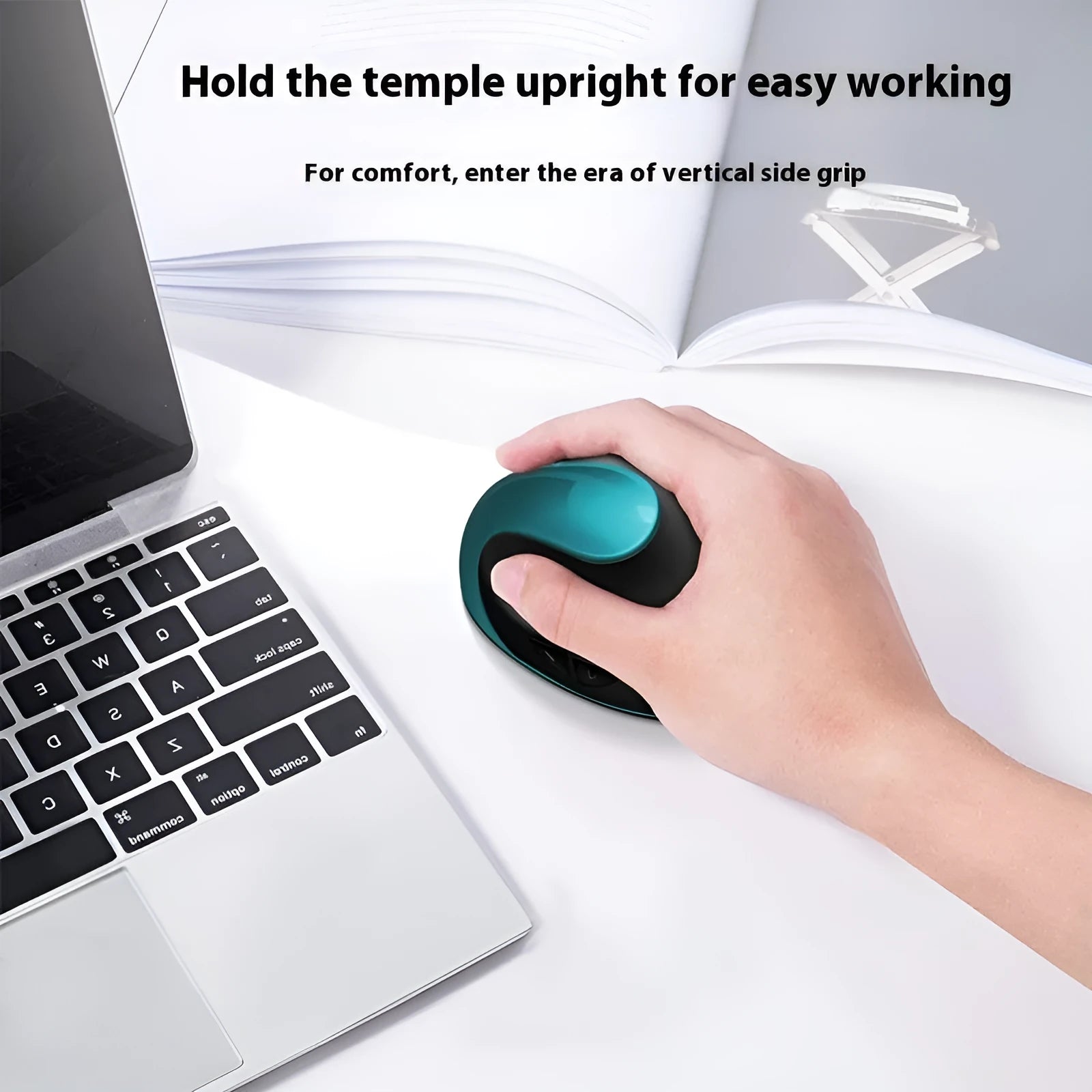 Vertical ergonomic wireless mouse showing upright design with USB connector and multiple colour options