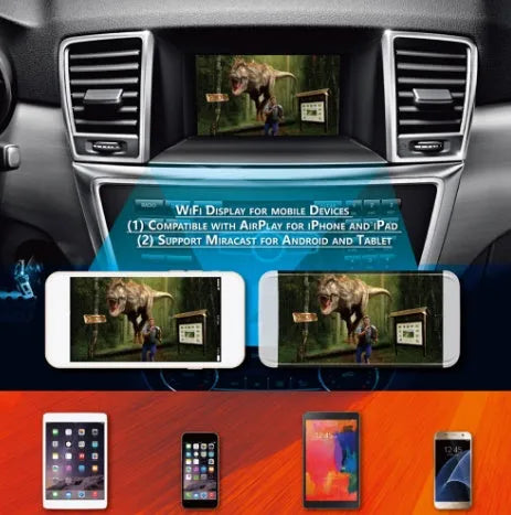 Black car mirror link box converter unit with power cable, AV cable, antenna, and user manual for smartphone screen mirroring.