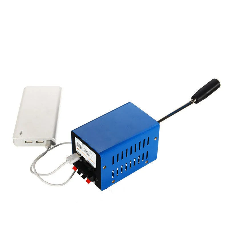 Blue metal hand crank emergency USB power generator showing handle and output ports.