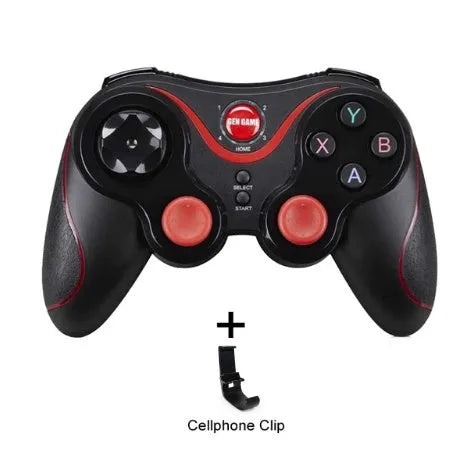 Black X3 Bluetooth wireless game controller with attached phone clip for Android smartphones