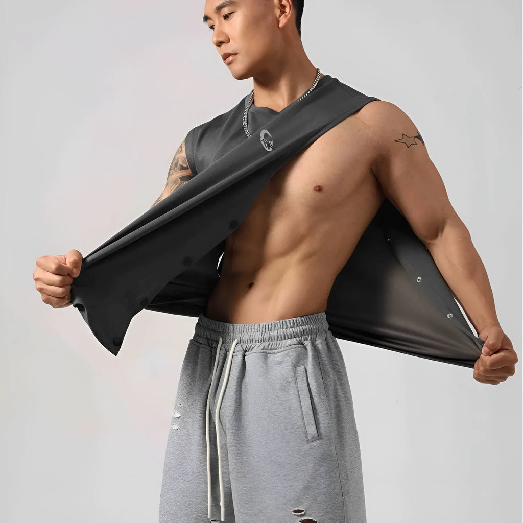Korean style loose cotton fitness vest for men with hidden hook side openings.