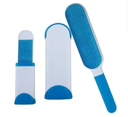 Blue reusable pet hair removal brush with self-cleaning base for furniture and clothing