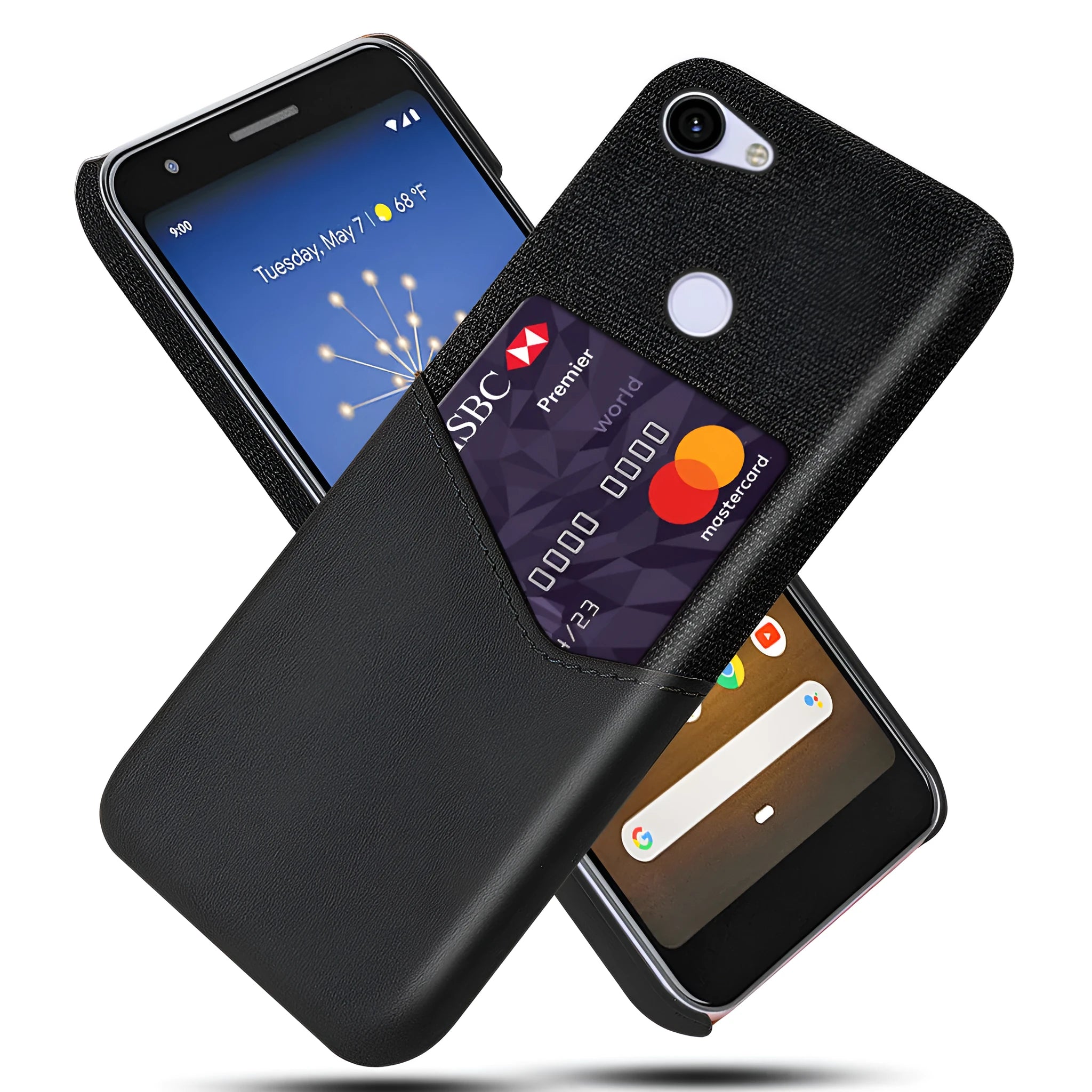 Solid colour leather Google Pixel phone case in black, shown from the back.
