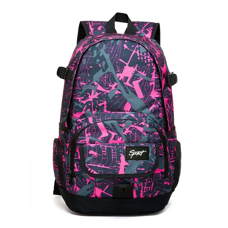 Blue and red large nylon backpack with multiple compartments open, showing internal organisation.