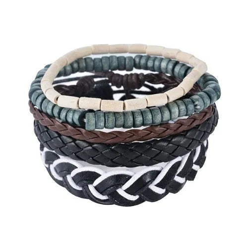 Hand-woven brown leather wrap bracelet with wooden beads on a 6cm adjustable band.