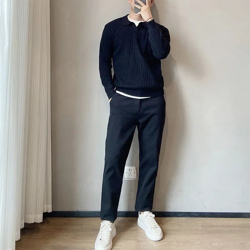 Men's modal rabbit fur knitted pullover sweater in loose fit showing striped lapel detail