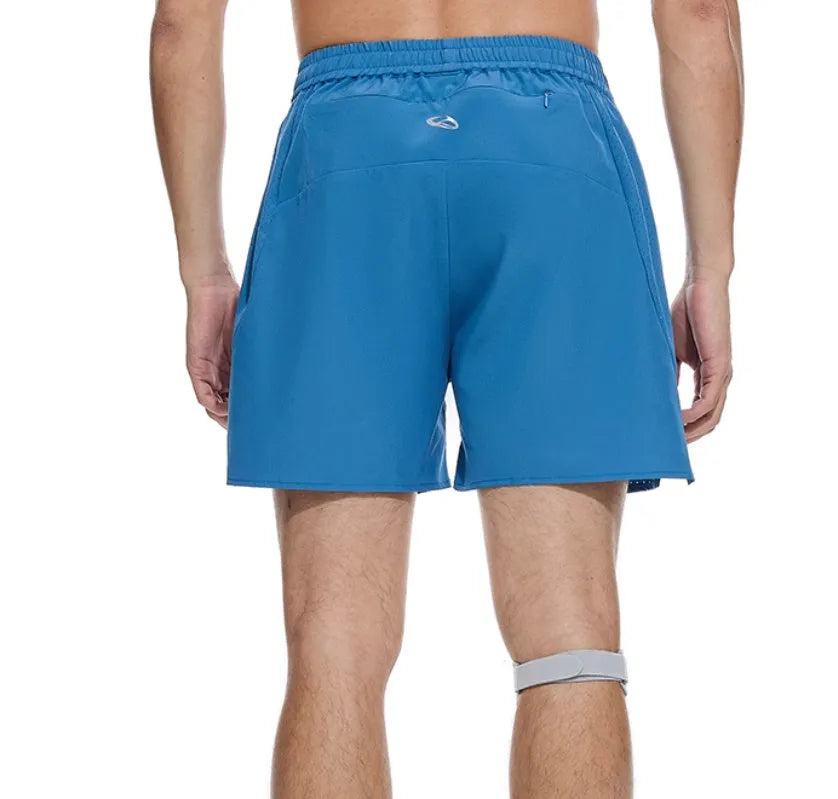 Black and blue four-point stretch running shorts with laser-punched stitching for training.
