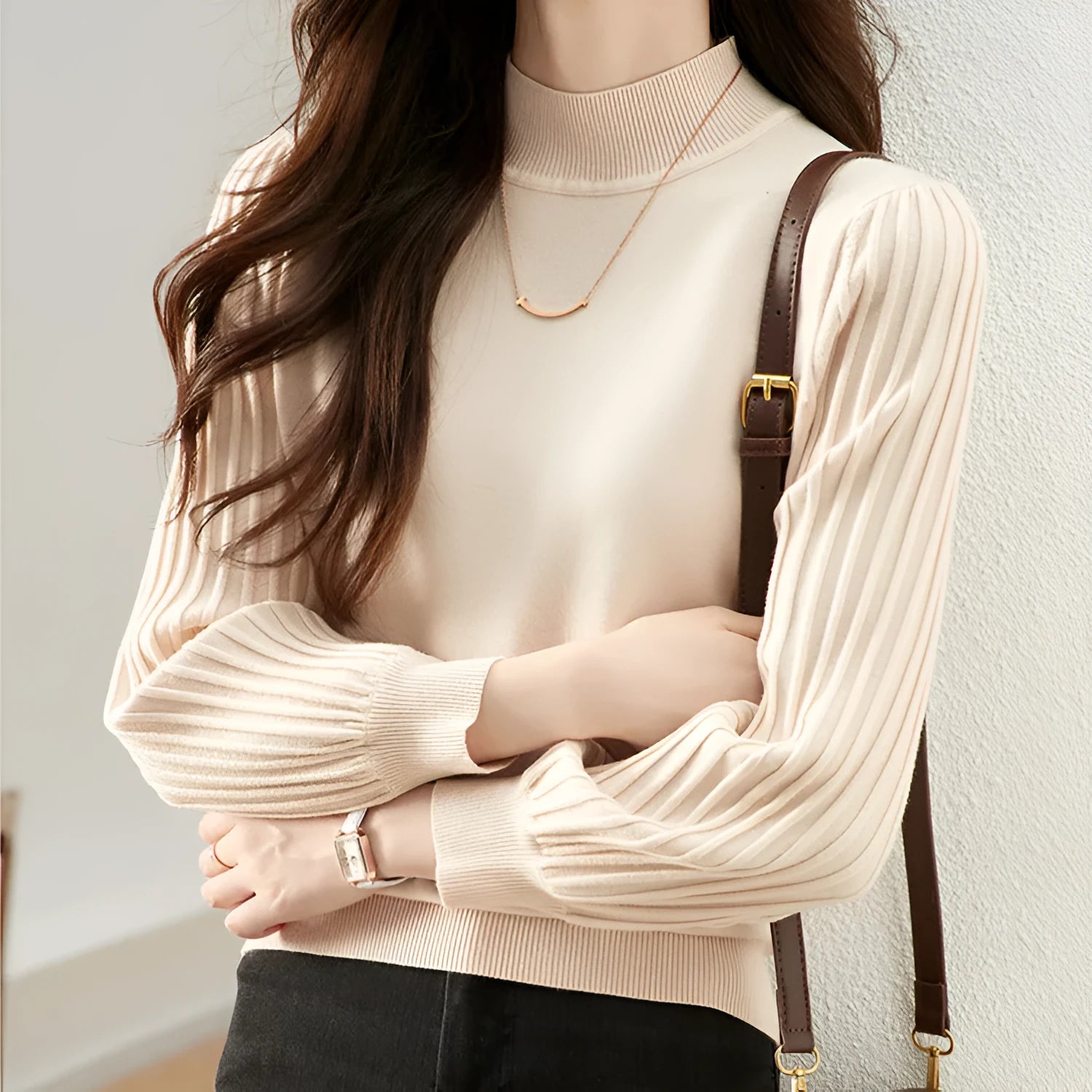 Women's slim fit half turtleneck casual shirt with sunken stripe pattern in apricot colour