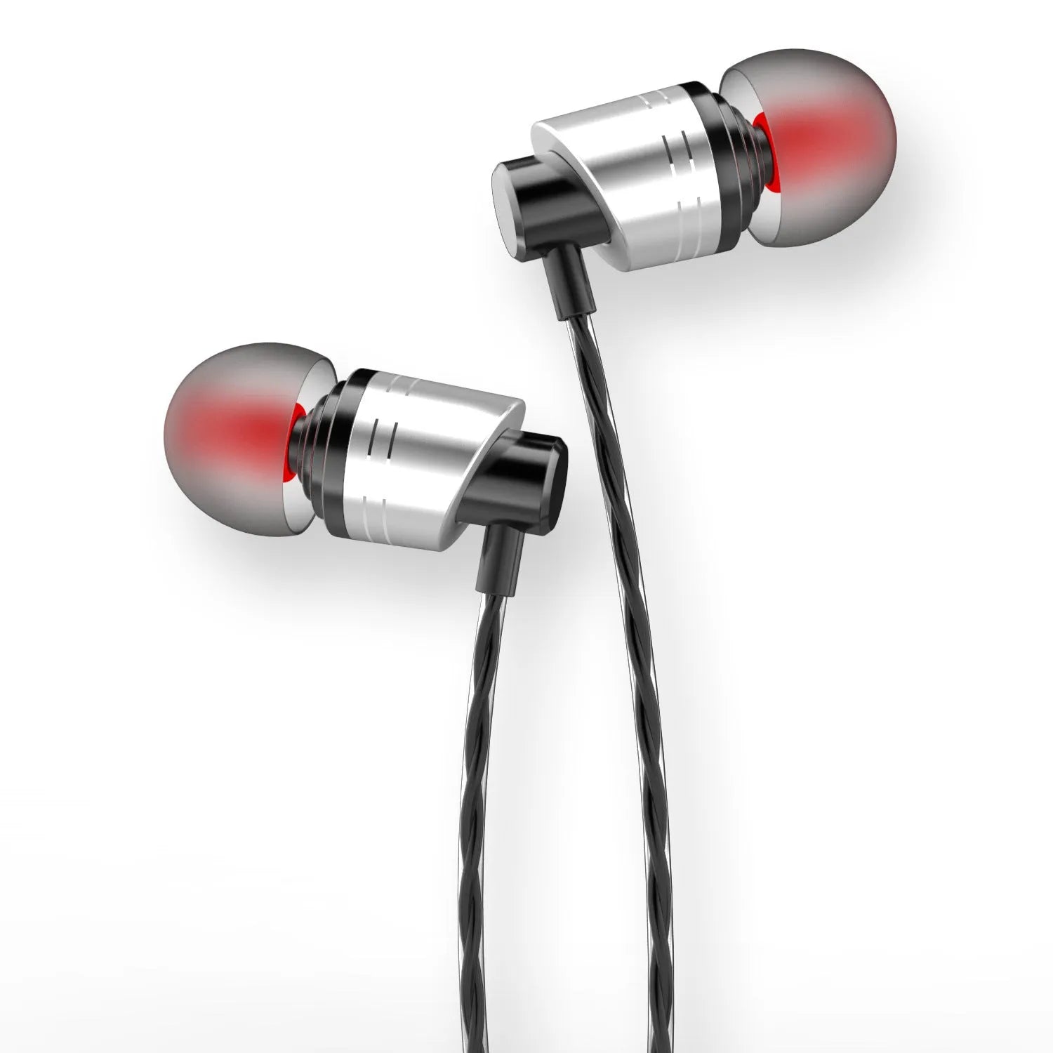 Wired in-ear earphones with a black TPE cable, 3.5mm plug, and red silicone eartips showing the inline microphone.