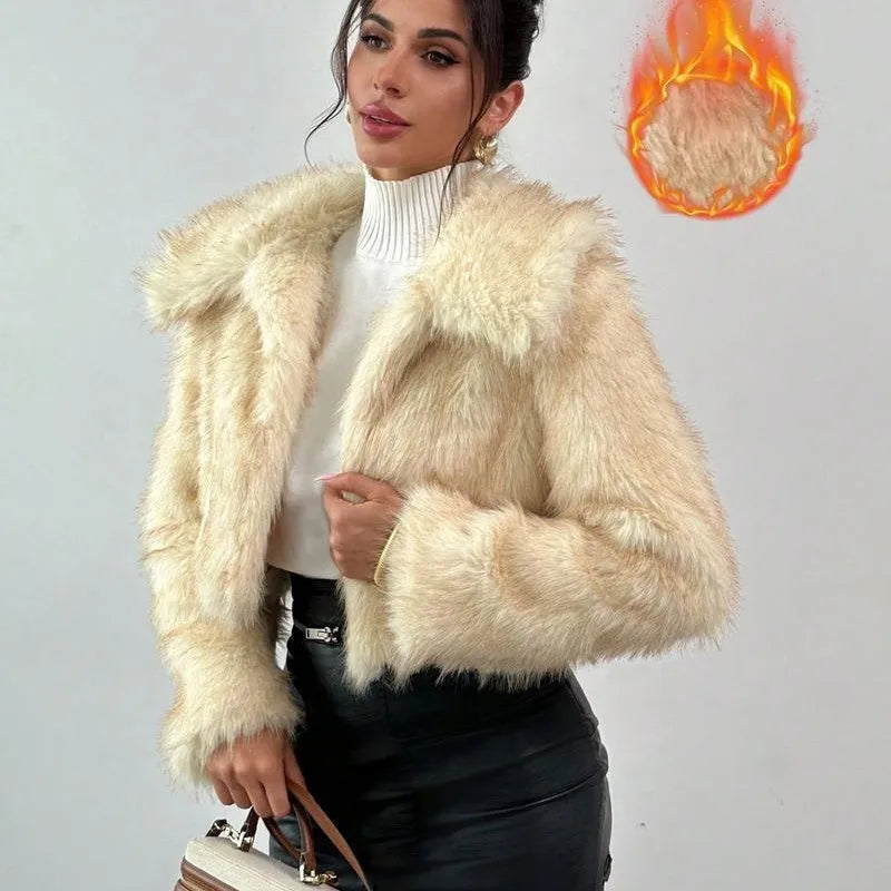 Artificial fox fur fashion coat with fur collar in short 40cm length and long sleeves
