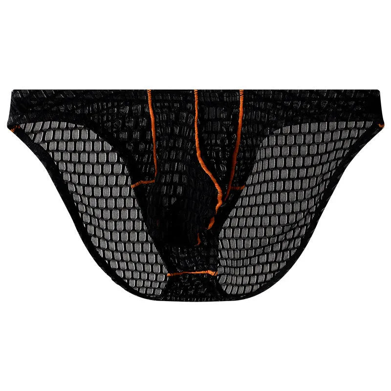 Men's white ice silk lace low waist briefs laid flat, showing the solid colour and lace fabric texture.