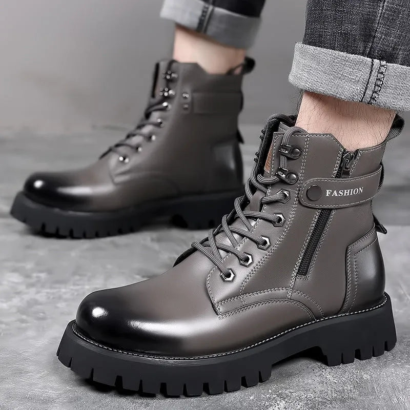 Men's light brown Martin boots with side zipper and thick rubber soles