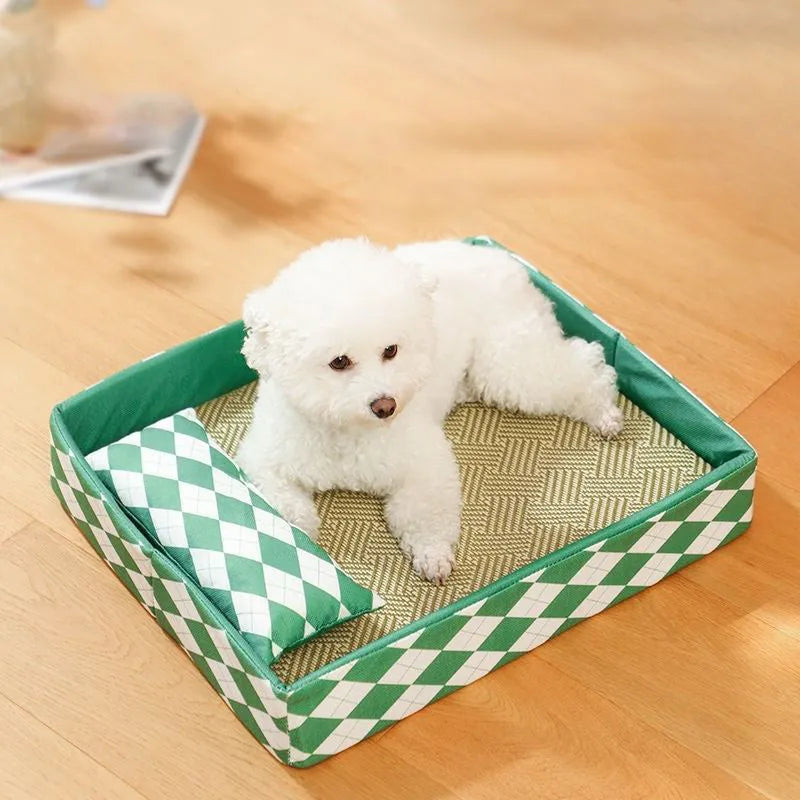 Blue summer rattan cat litter mat shown in a large size next to a cat bed.