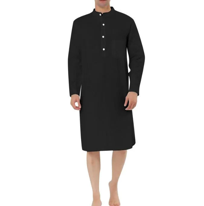 Men's simple cotton shirt robe with pocket available in white black and blue sizes S to XXL